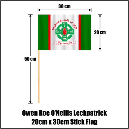 Owen Roe O’Neills Leckpatrick 20cm x 30cm Stick Flag, featuring the club crest and green and red colours; County Tyrone GAA. ClubFlags.ie.