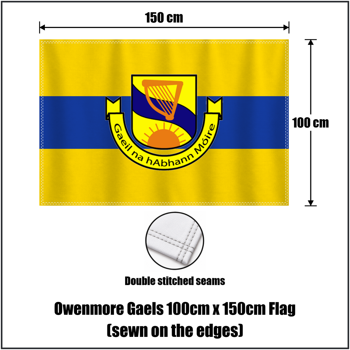 Owenmore Gaels 100cm x 150cm Flag (sewn on the edges), featuring the club crest and gold and blue colours; County Sligo GAA. ClubFlags.ie.