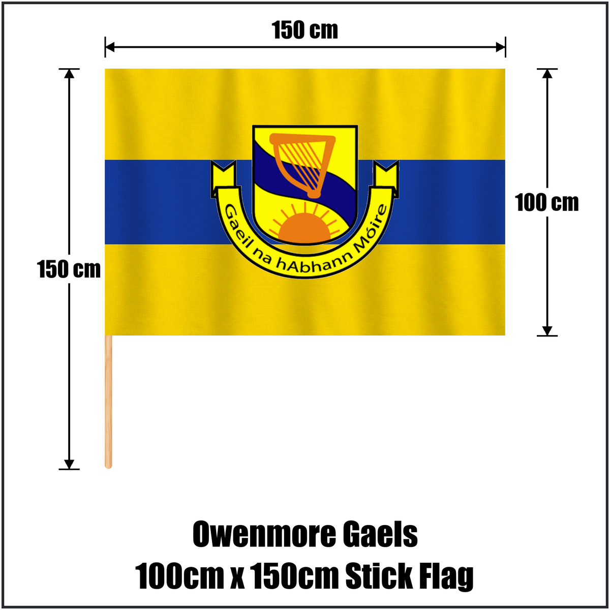 Owenmore Gaels 100cm x 150cm Stick Flag, featuring the club crest and gold and blue colours; County Sligo GAA. ClubFlags.ie.