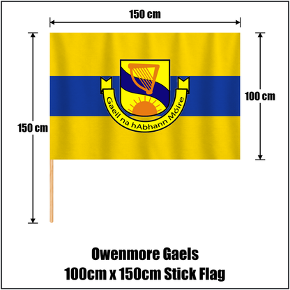 Owenmore Gaels 100cm x 150cm Stick Flag, featuring the club crest and gold and blue colours; County Sligo GAA. ClubFlags.ie.