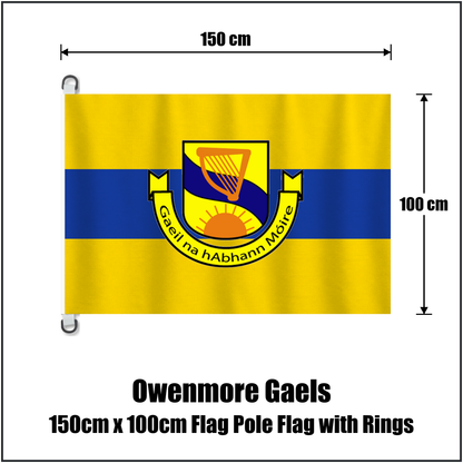 Owenmore Gaels 150cm x 100cm Flag Pole Flag with Rings, featuring the club crest and gold and blue colours; County Sligo GAA. ClubFlags.ie.