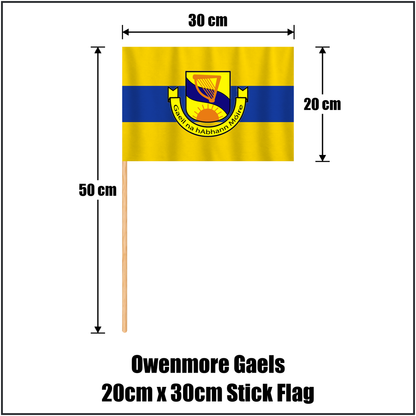 Owenmore Gaels 20cm x 30cm Stick Flag, featuring the club crest and gold and blue colours; County Sligo GAA. ClubFlags.ie.