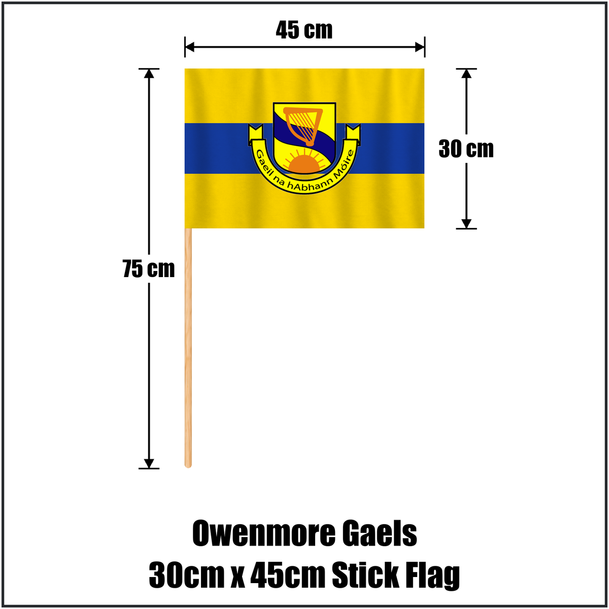 Owenmore Gaels 30cm x 45cm Stick Flag, featuring the club crest and gold and blue colours; County Sligo GAA. ClubFlags.ie.