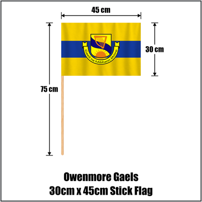 Owenmore Gaels 30cm x 45cm Stick Flag, featuring the club crest and gold and blue colours; County Sligo GAA. ClubFlags.ie.
