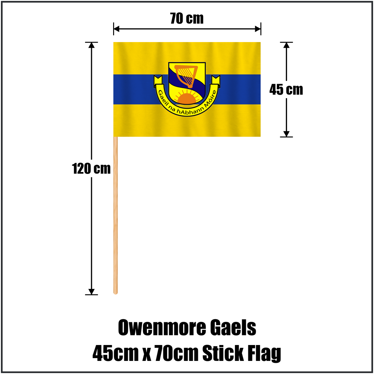 Owenmore Gaels 45cm x 70cm Stick Flag, featuring the club crest and gold and blue colours; County Sligo GAA. ClubFlags.ie.
