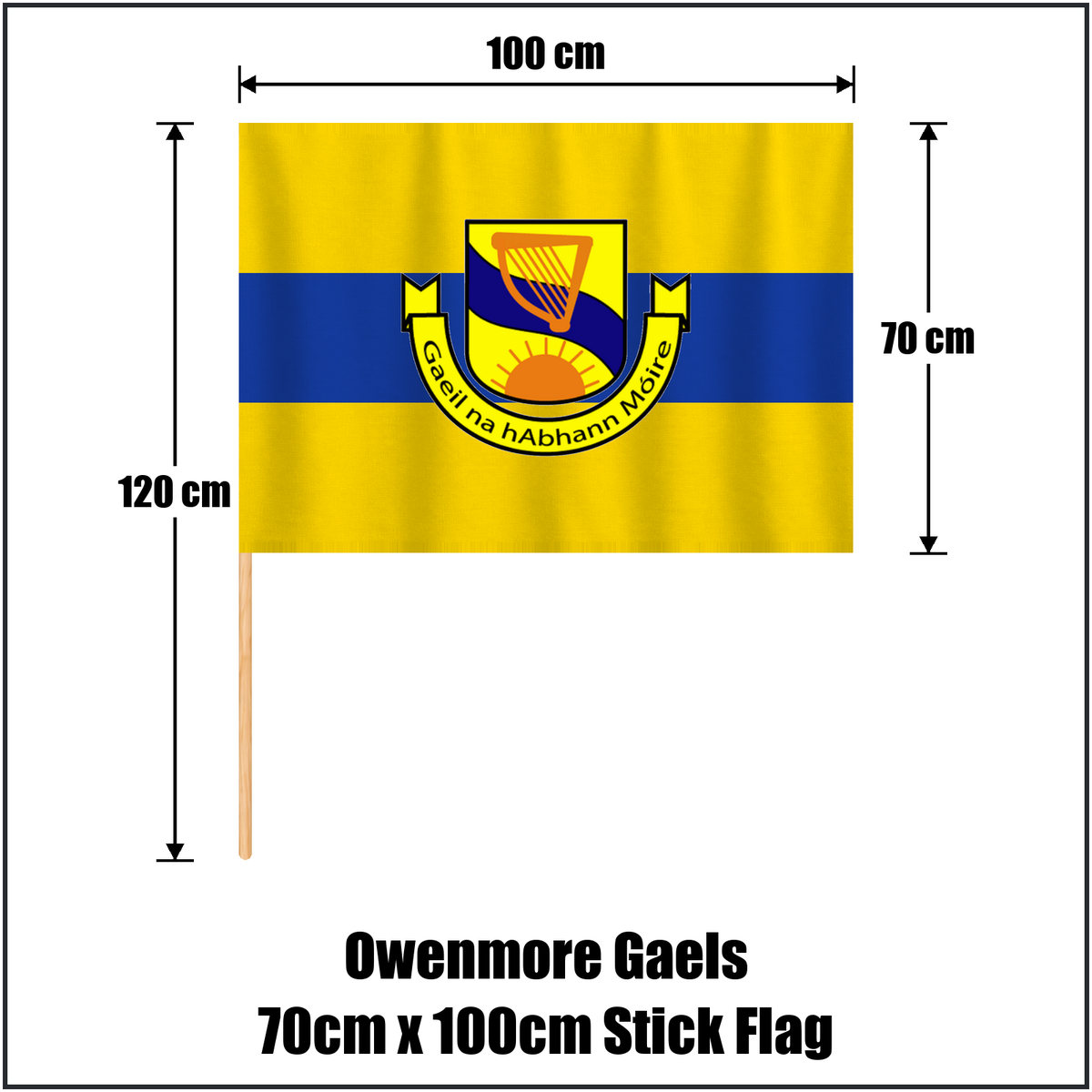 Owenmore Gaels 70cm x 100cm Stick Flag, featuring the club crest and gold and blue colours; County Sligo GAA. ClubFlags.ie.