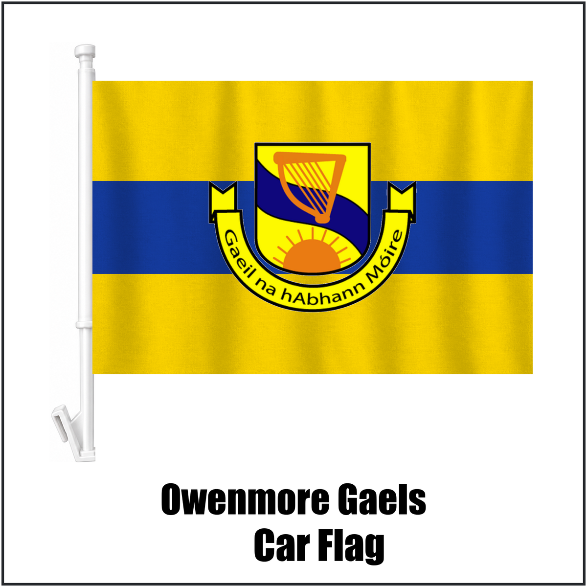 Owenmore Gaels Car Flag, featuring the club crest and gold and blue colours; County Sligo GAA. ClubFlags.ie.