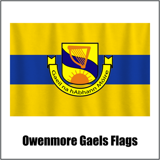 Owenmore Gaels Flags, featuring the club crest and gold and blue colours; County Sligo GAA. ClubFlags.ie.