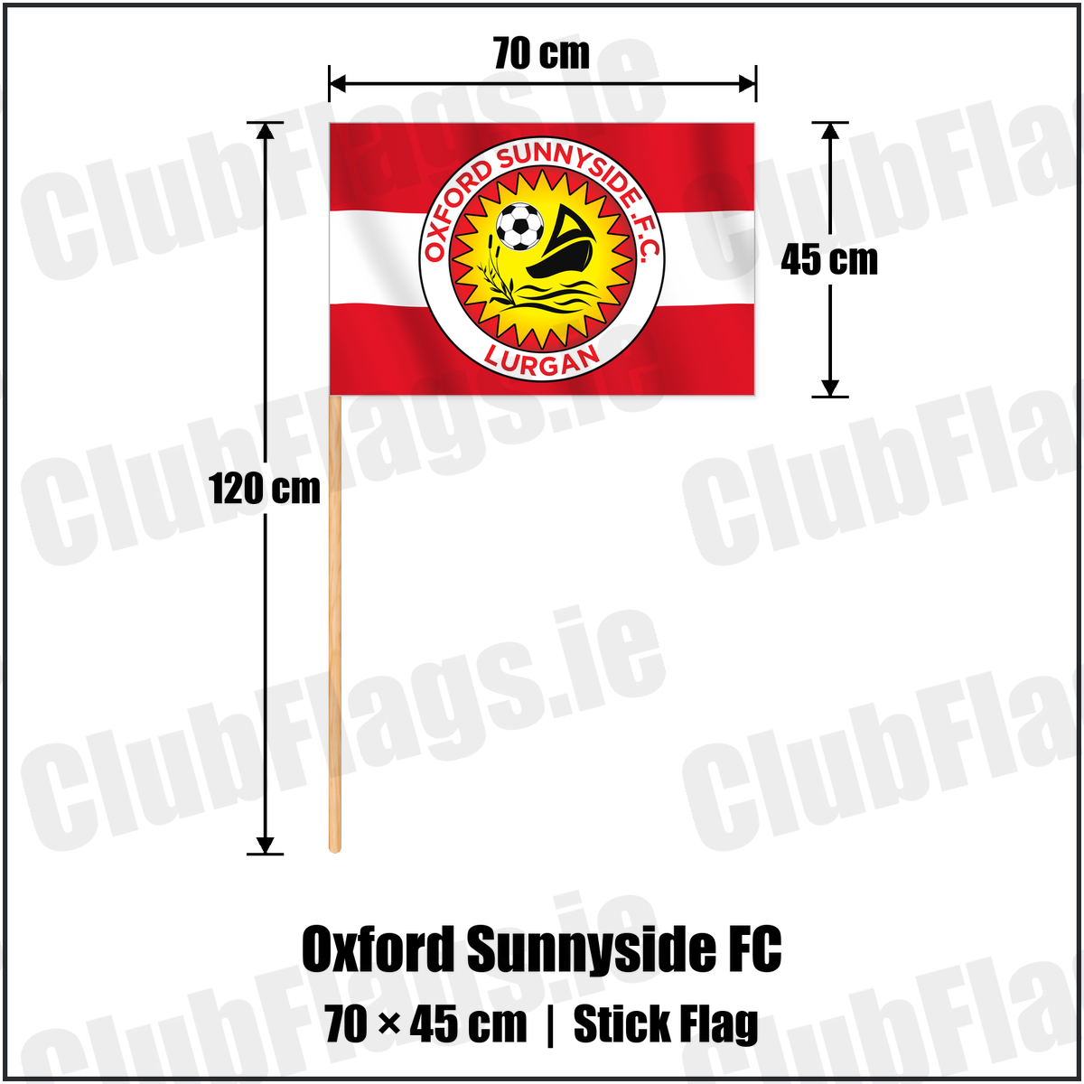 Oxford Sunnyside FC 45cm x 70cm Stick Flag with the club crest and colours, Armagh Football - ClubFlags.ie
