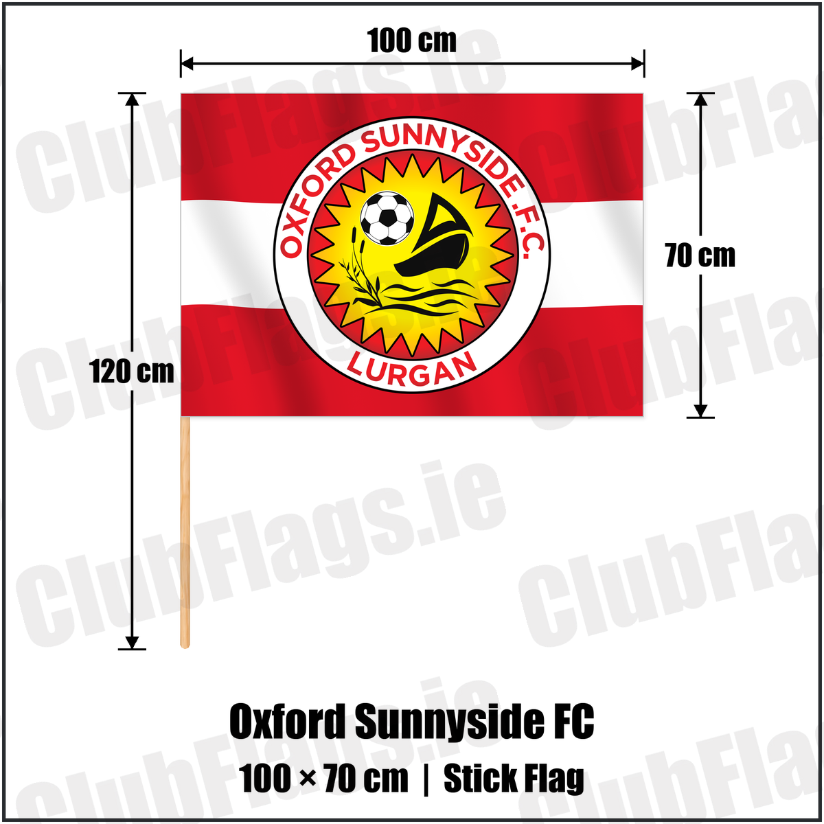 Oxford Sunnyside FC 70cm x 100cm Stick Flag with the club crest and colours, Armagh Football - ClubFlags.ie