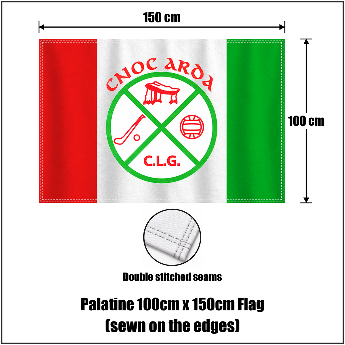 Palatine 100cm x 150cm Flag (sewn on the edges), featuring the club crest and red and green and white colours; County Carlow GAA. ClubFlags.ie.