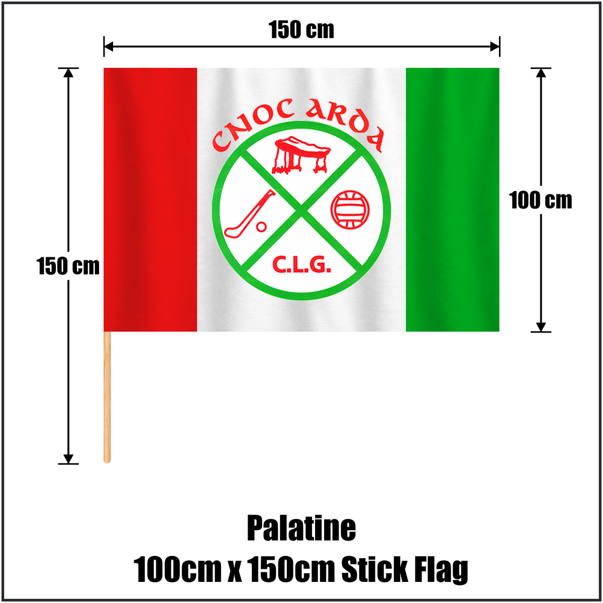 Palatine 100cm x 150cm Stick Flag, featuring the club crest and red and green and white colours; County Carlow GAA. ClubFlags.ie.