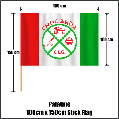 Palatine 100cm x 150cm Stick Flag, featuring the club crest and red and green and white colours; County Carlow GAA. ClubFlags.ie.