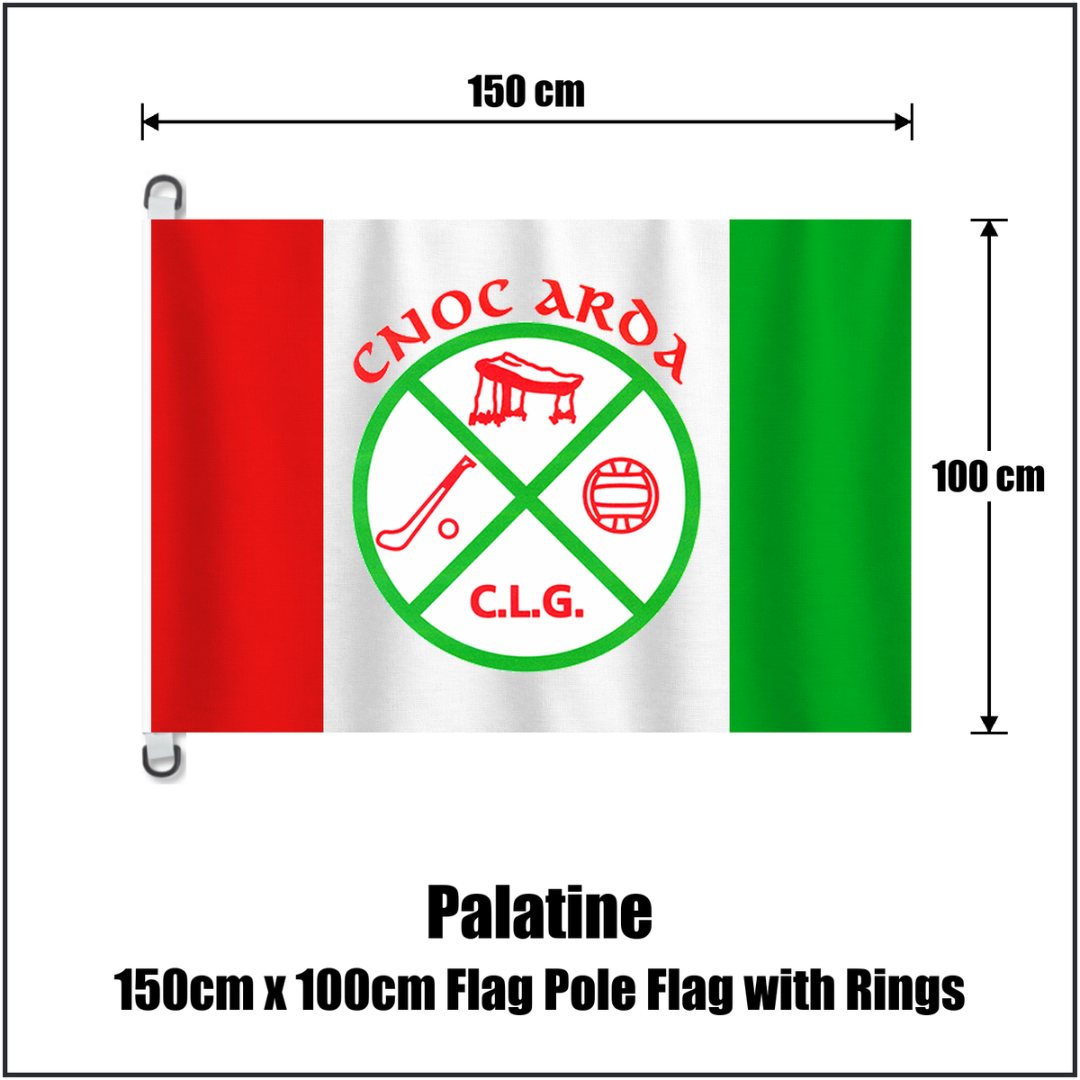 Palatine 150cm x 100cm Flag Pole Flag with Rings, featuring the club crest and red and green and white colours; County Carlow GAA. ClubFlags.ie.