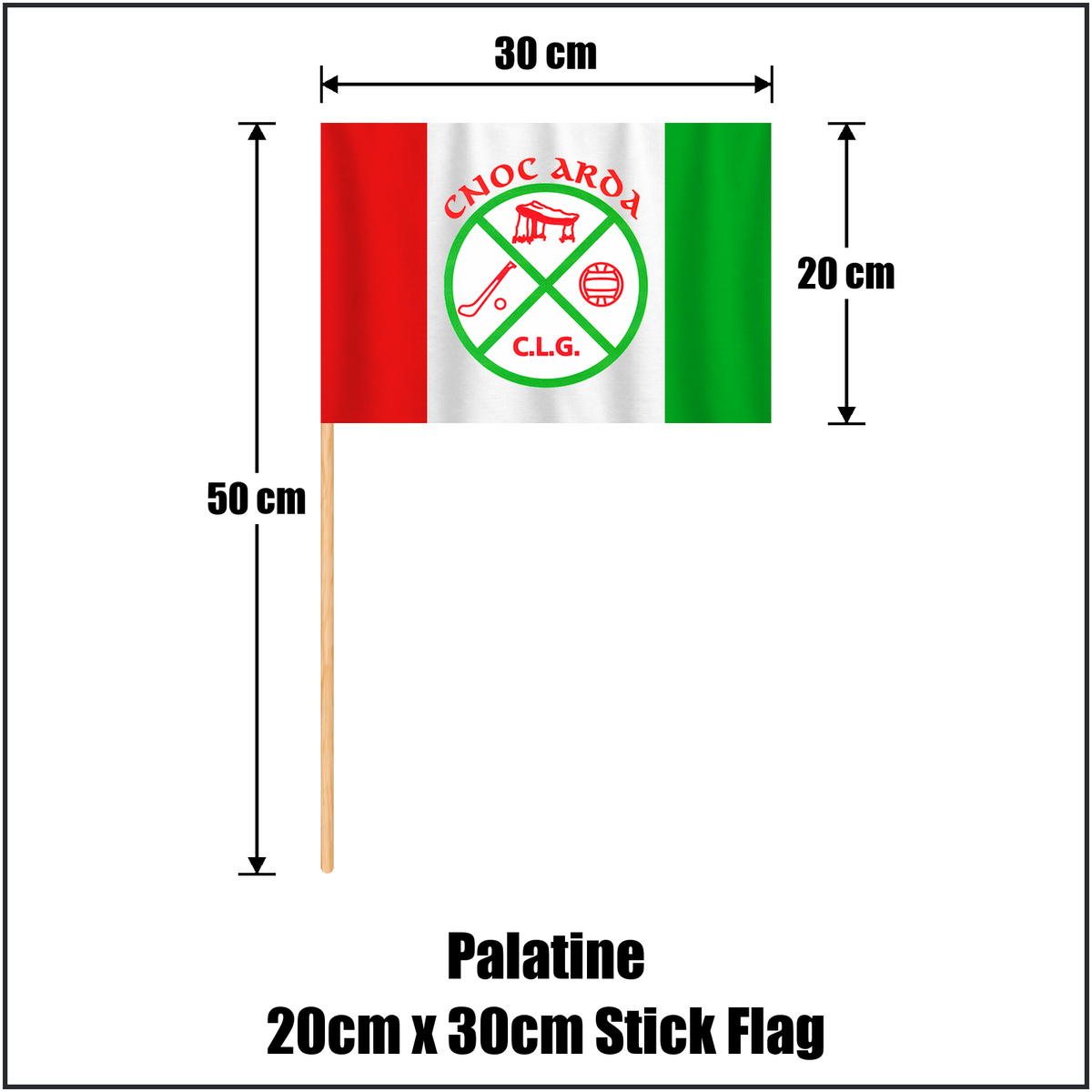 Palatine 20cm x 30cm Stick Flag, featuring the club crest and red and green and white colours; County Carlow GAA. ClubFlags.ie.