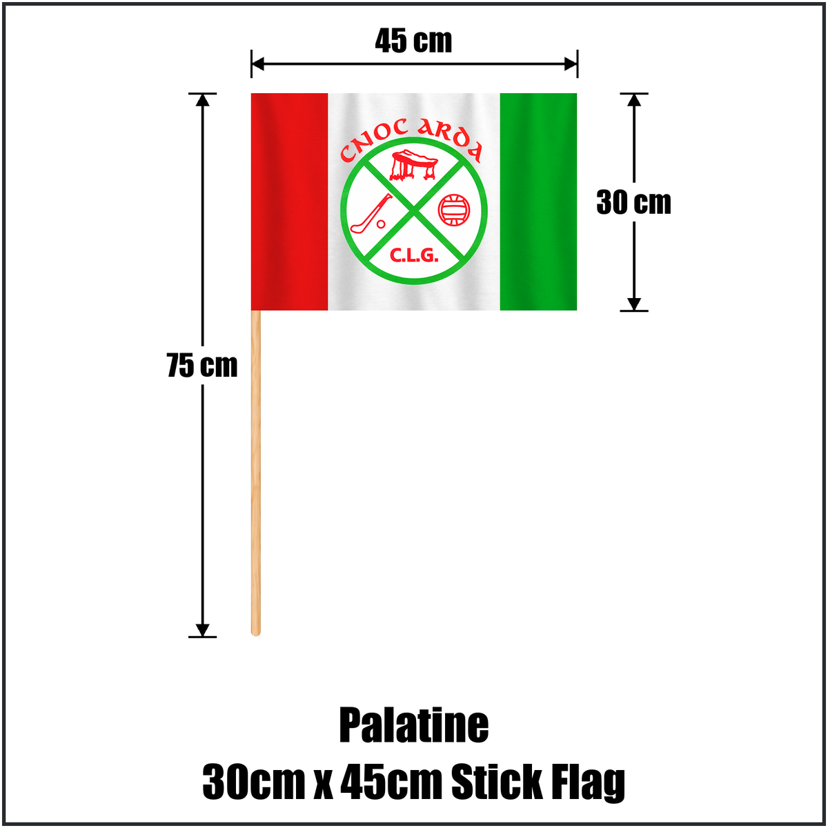 Palatine 30cm x 45cm Stick Flag, featuring the club crest and red and green and white colours; County Carlow GAA. ClubFlags.ie.