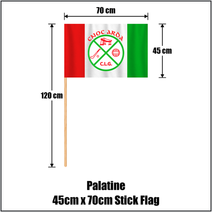 Palatine 45cm x 70cm Stick Flag, featuring the club crest and red and green and white colours; County Carlow GAA. ClubFlags.ie.
