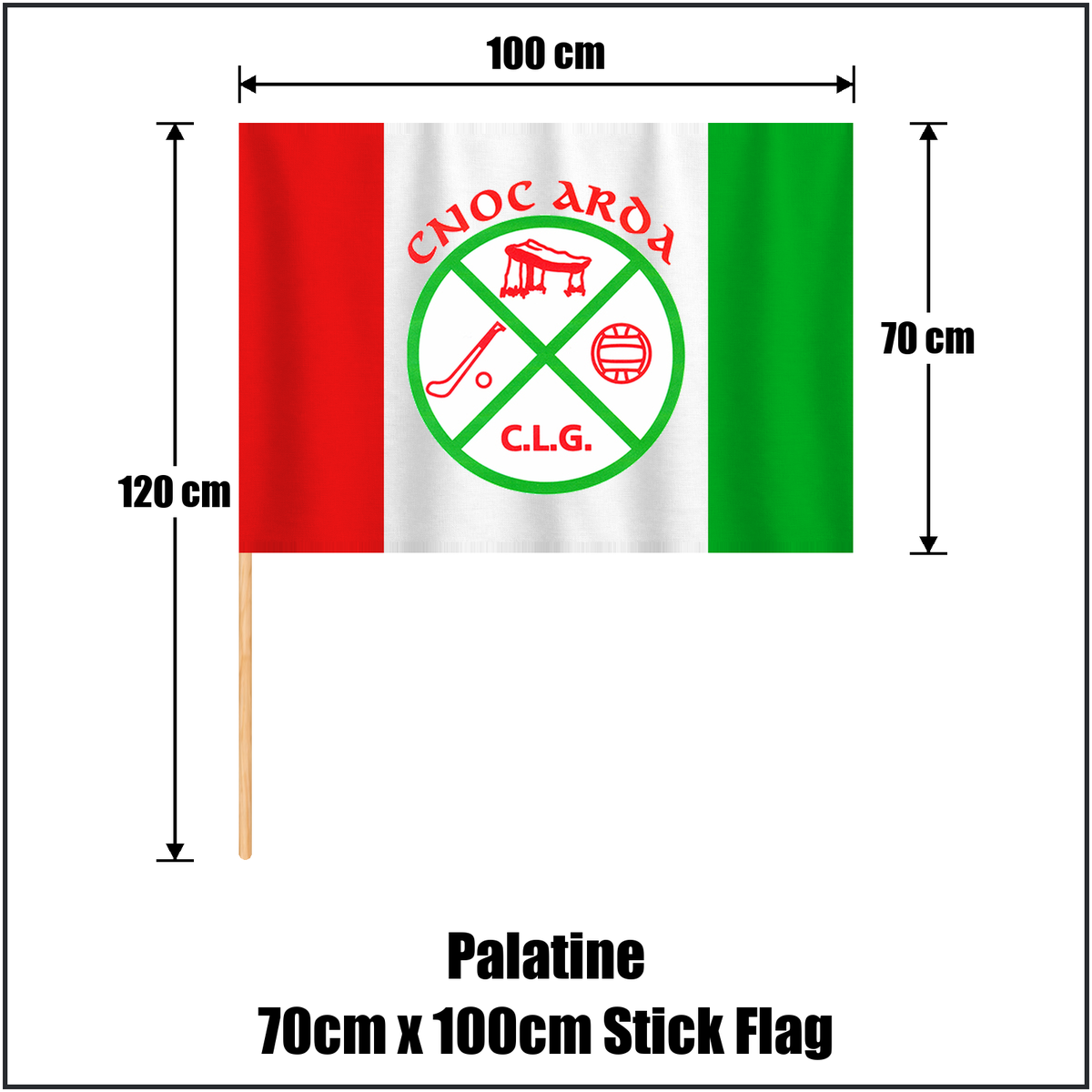 Palatine 70cm x 100cm Stick Flag, featuring the club crest and red and green and white colours; County Carlow GAA. ClubFlags.ie.