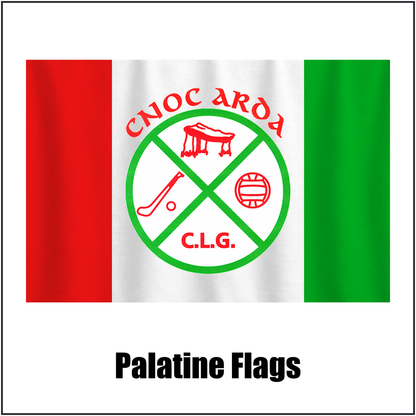Palatine Flags, featuring the club crest and red and green and white colours; County Carlow GAA. ClubFlags.ie.