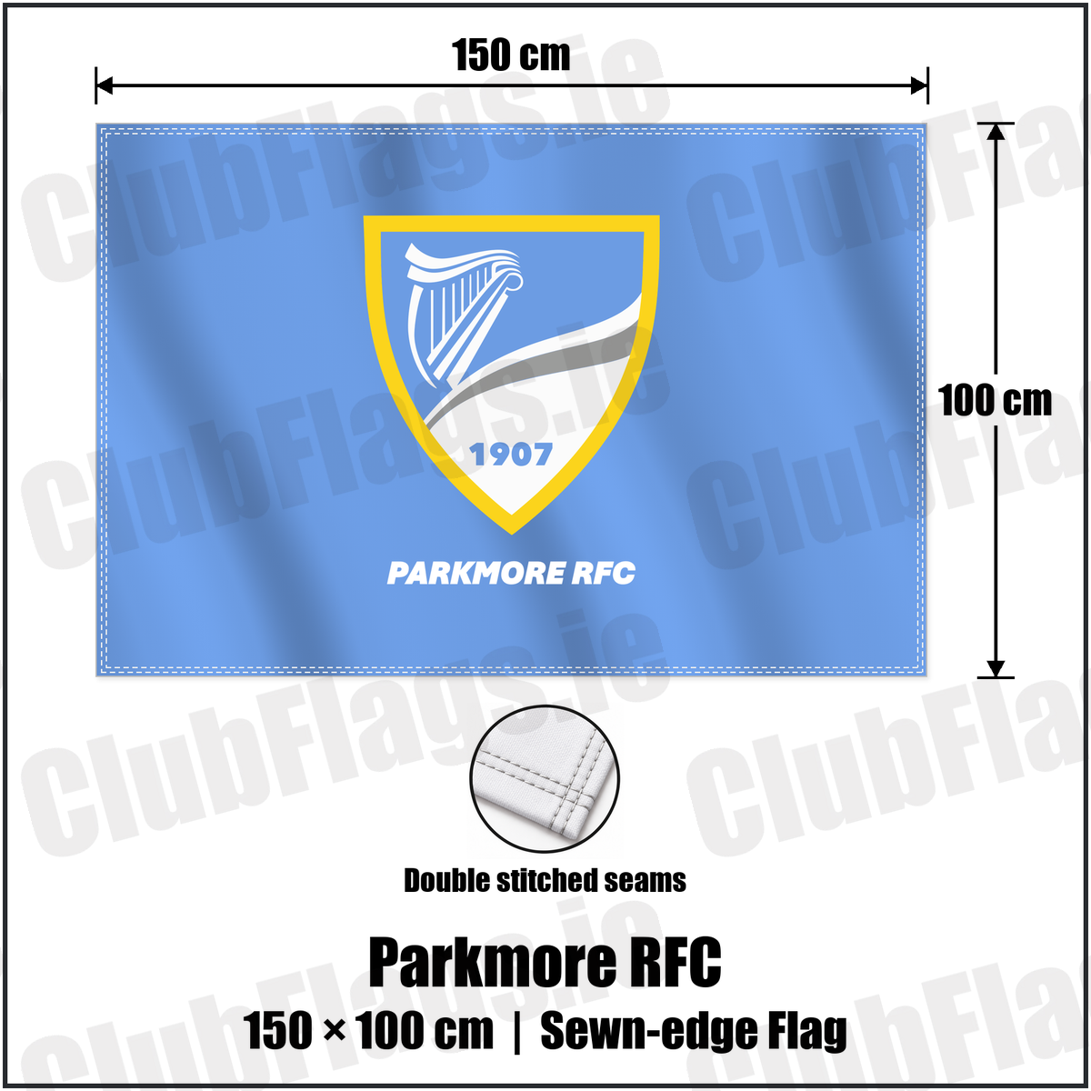 Parkmore RFC 100cm x 150cm Flag (sewn on the edges) with the club crest and colours, Dublin Rugby - ClubFlags.ie