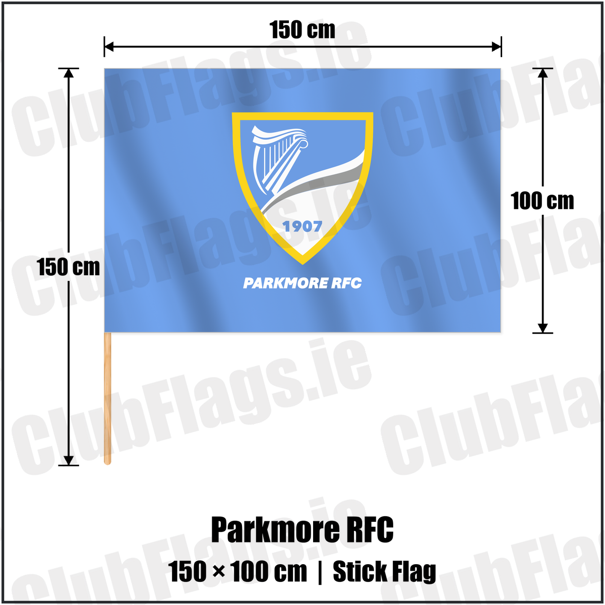 Parkmore RFC 100cm x 150cm Stick Flag with the club crest and colours, Dublin Rugby - ClubFlags.ie