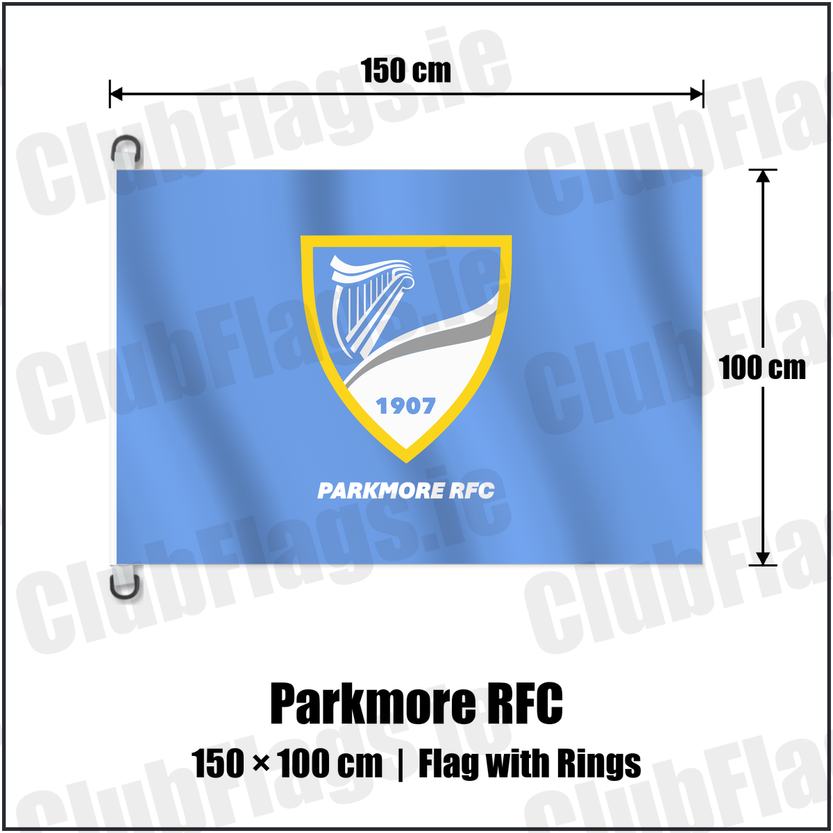 Parkmore RFC 150cm x 100cm Flag Pole Flag with Rings with the club crest and colours, Dublin Rugby - ClubFlags.ie