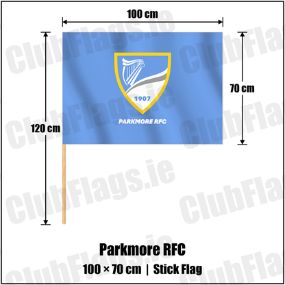 Parkmore RFC 70cm x 100cm Stick Flag with the club crest and colours, Dublin Rugby - ClubFlags.ie