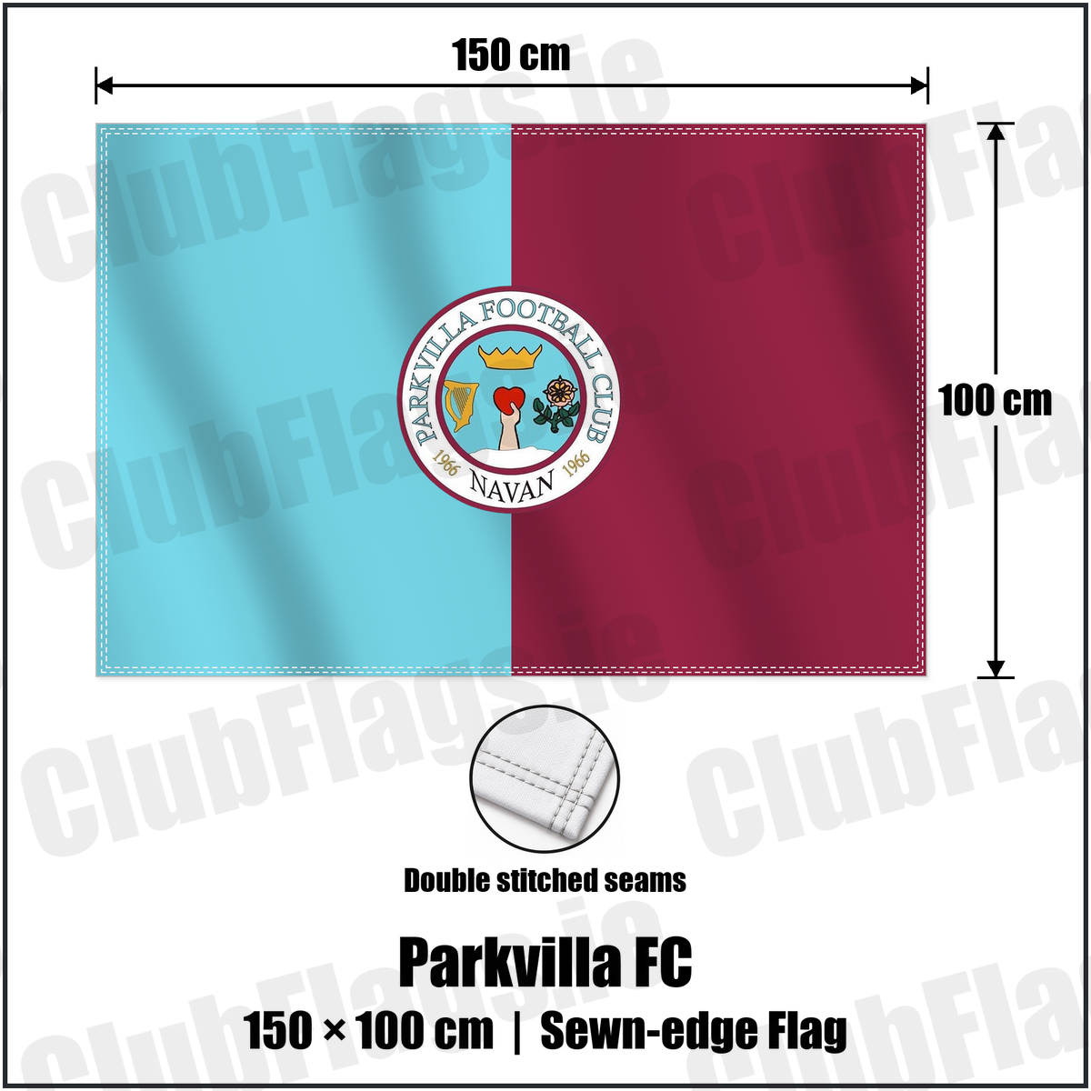 Parkvilla FC 100cm x 150cm Flag (sewn on the edges) with the club crest and colours, Meath Football - ClubFlags.ie