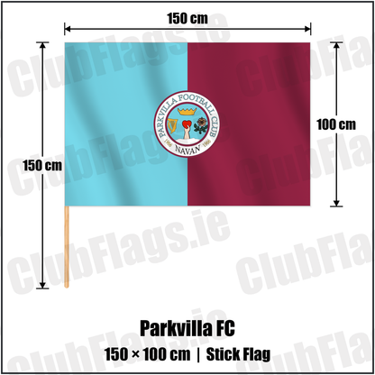 Parkvilla FC 100cm x 150cm Stick Flag with the club crest and colours, Meath Football - ClubFlags.ie