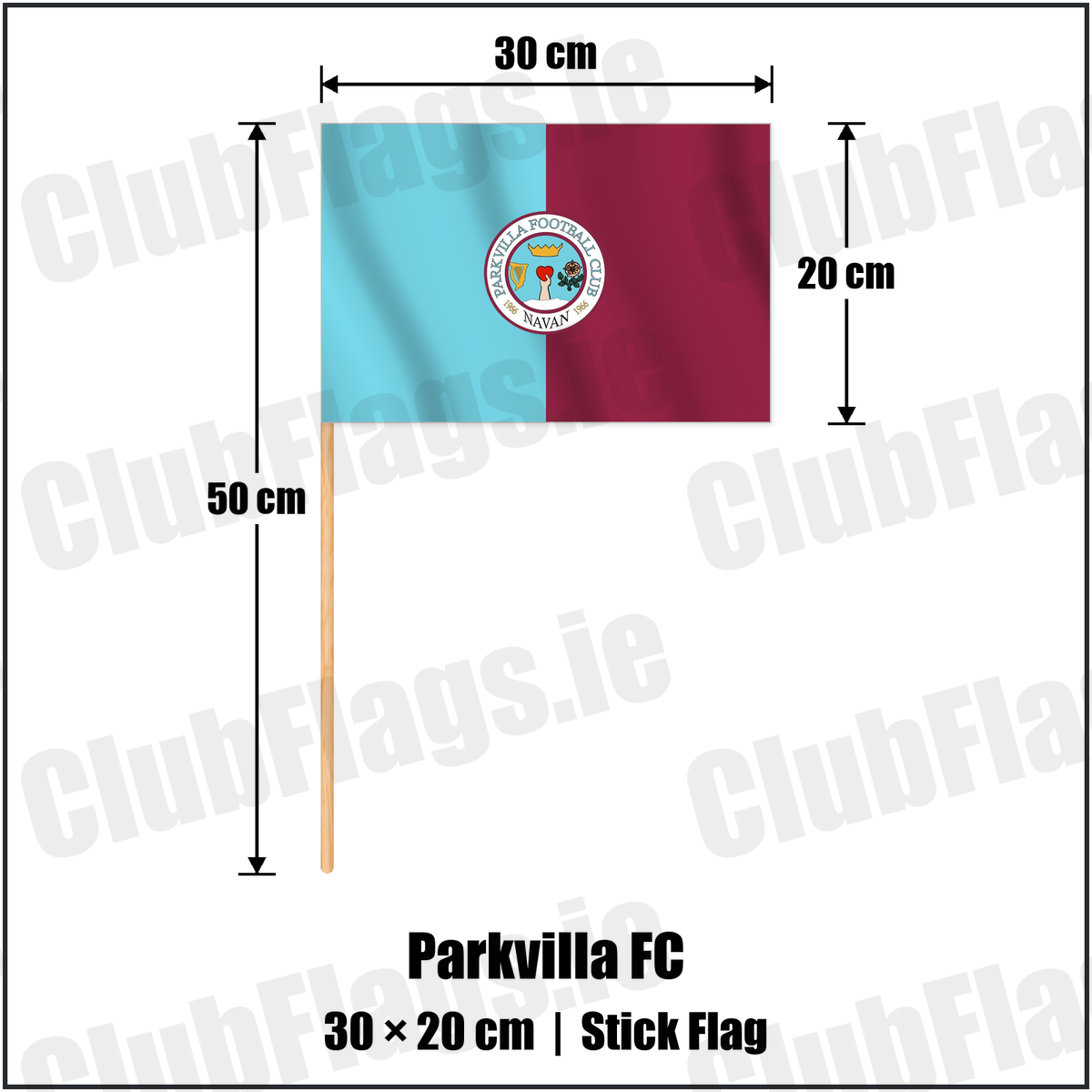 Parkvilla FC 20cm x 30cm Stick Flag with the club crest and colours, Meath Football - ClubFlags.ie