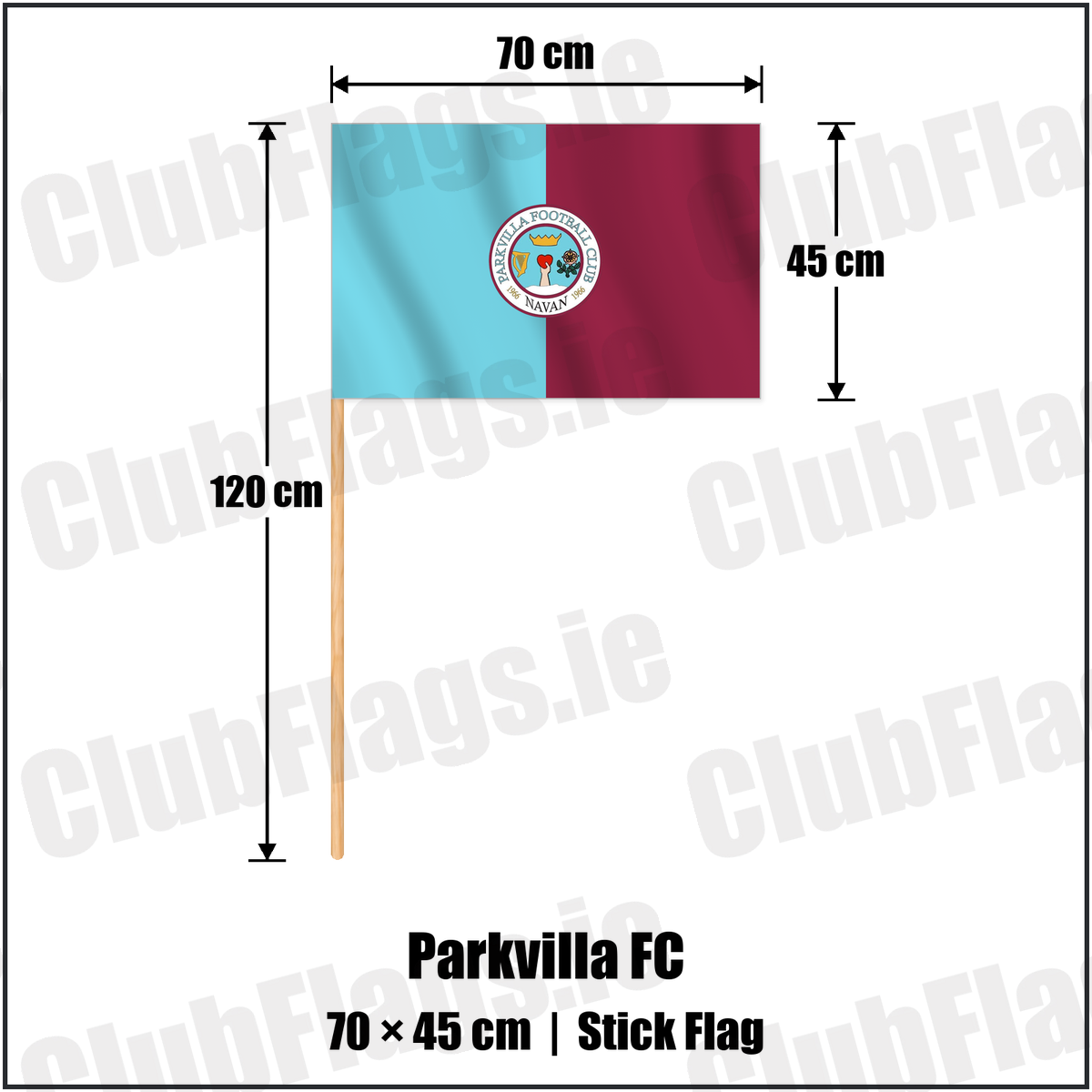 Parkvilla FC 45cm x 70cm Stick Flag with the club crest and colours, Meath Football - ClubFlags.ie