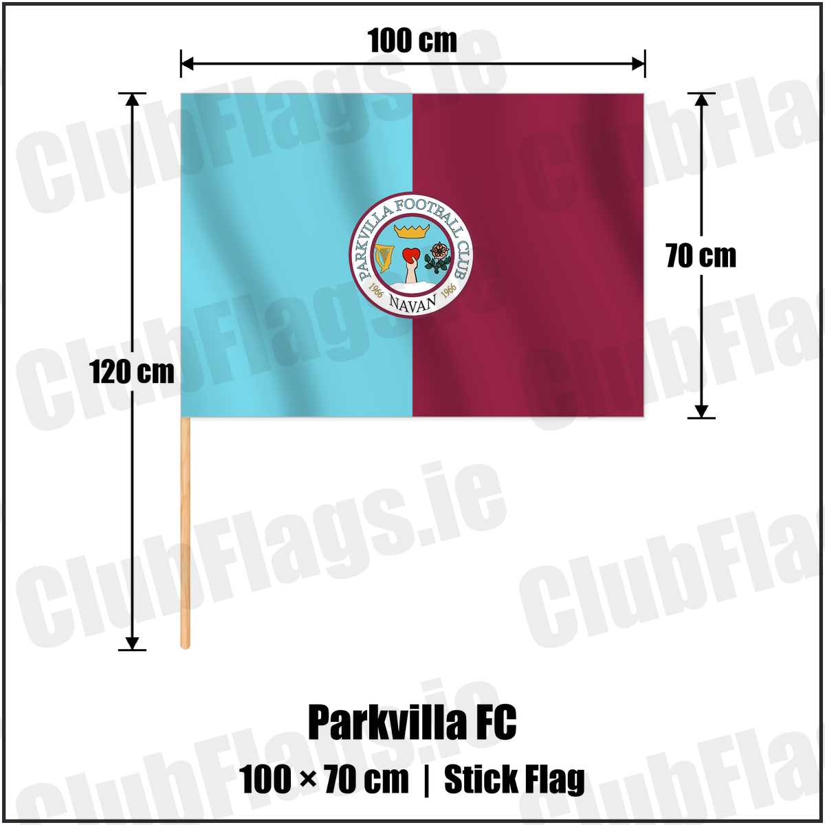 Parkvilla FC 70cm x 100cm Stick Flag with the club crest and colours, Meath Football - ClubFlags.ie