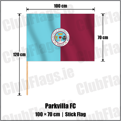 Parkvilla FC 70cm x 100cm Stick Flag with the club crest and colours, Meath Football - ClubFlags.ie
