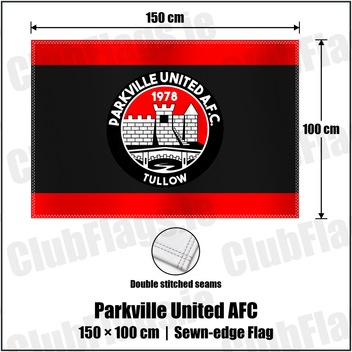 Parkville United AFC 100cm x 150cm Flag (sewn on the edges) with the club crest and colours, Carlow football - ClubFlags.ie