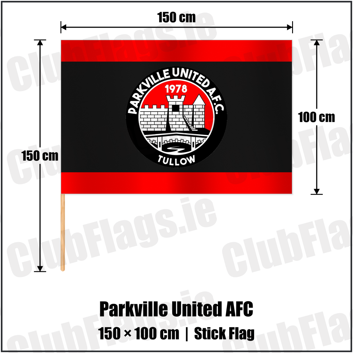 Parkville United AFC 100cm x 150cm Stick Flag with the club crest and colours, Carlow football - ClubFlags.ie