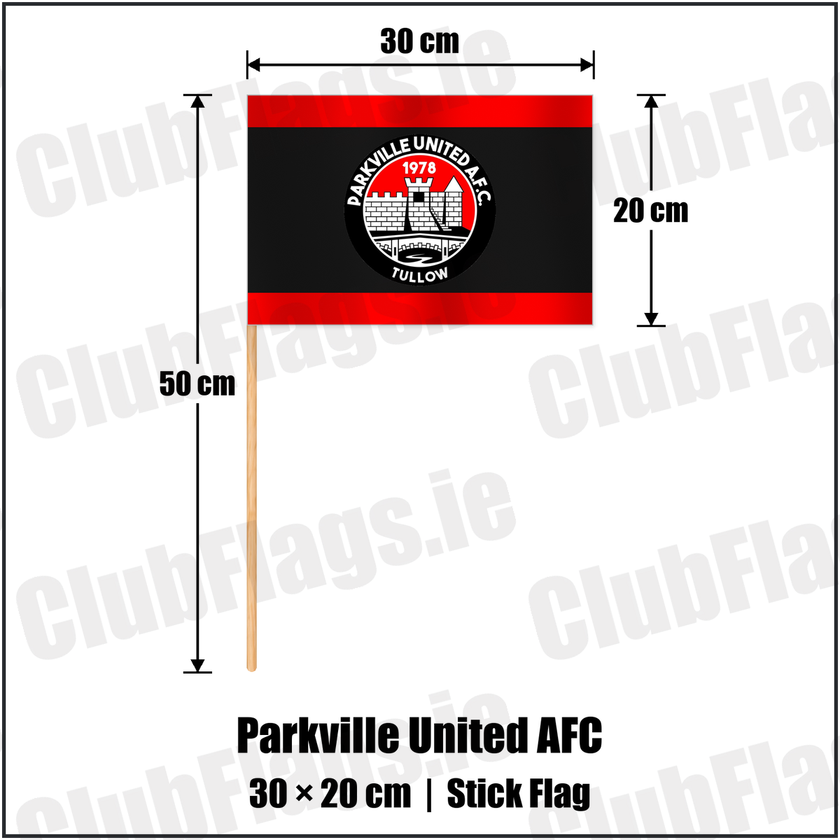 Parkville United AFC 20cm x 30cm Stick Flag with the club crest and colours, Carlow football - ClubFlags.ie