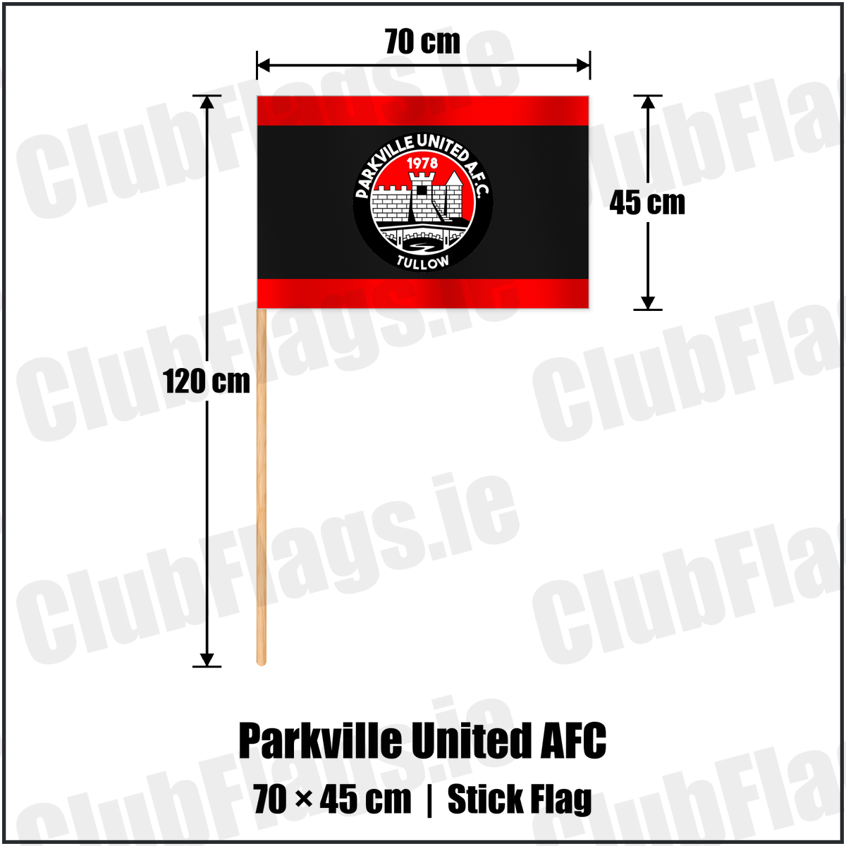 Parkville United AFC 45cm x 70cm Stick Flag with the club crest and colours, Carlow football - ClubFlags.ie