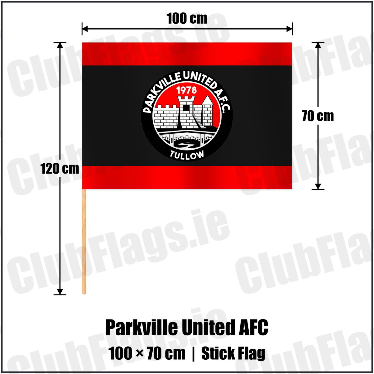 Parkville United AFC 70cm x 100cm Stick Flag with the club crest and colours, Carlow football - ClubFlags.ie