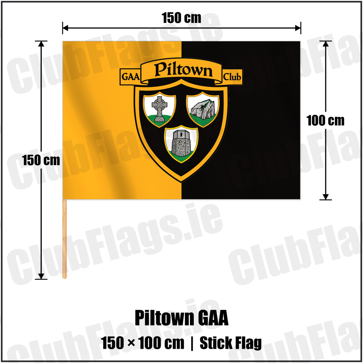 Piltown GAA 100cm x 150cm Stick Flag with the verified club crest and colours, Kilkenny GAA - ClubFlags.ie