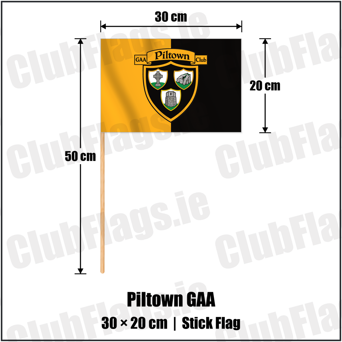 Piltown GAA 20cm x 30cm Stick Flag with the verified club crest and colours, Kilkenny GAA - ClubFlags.ie