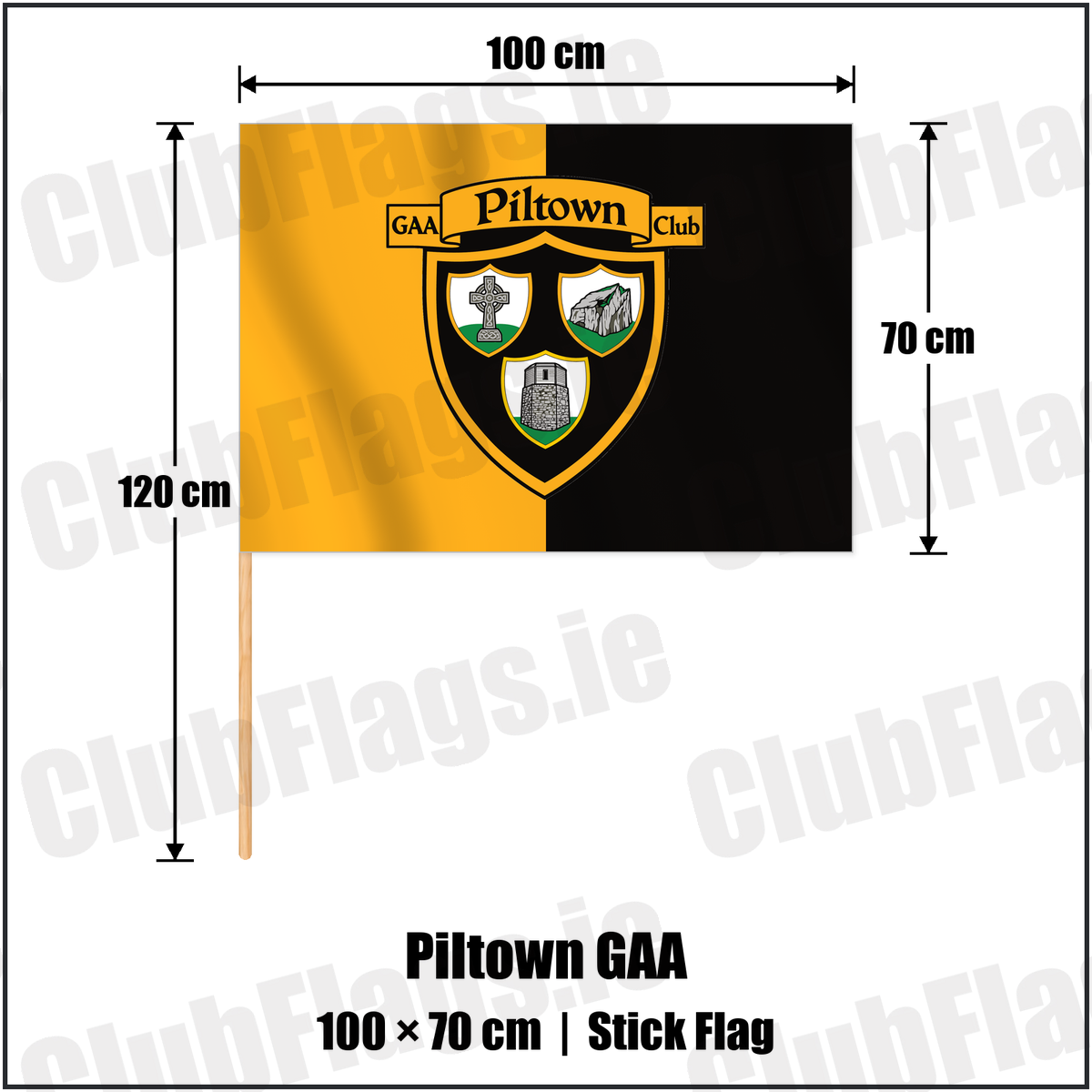 Piltown GAA 70cm x 100cm Stick Flag with the verified club crest and colours, Kilkenny GAA - ClubFlags.ie