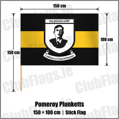 Pomeroy Plunketts 100cm x 150cm Stick Flag with the club crest and colours, Tyrone GAA - ClubFlags.ie