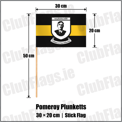 Pomeroy Plunketts 20cm x 30cm Stick Flag with the club crest and colours, Tyrone GAA - ClubFlags.ie