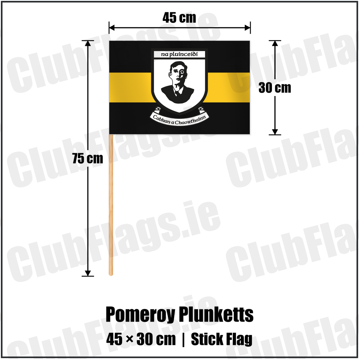 Pomeroy Plunketts 30cm x 45cm Stick Flag with the club crest and colours, Tyrone GAA - ClubFlags.ie