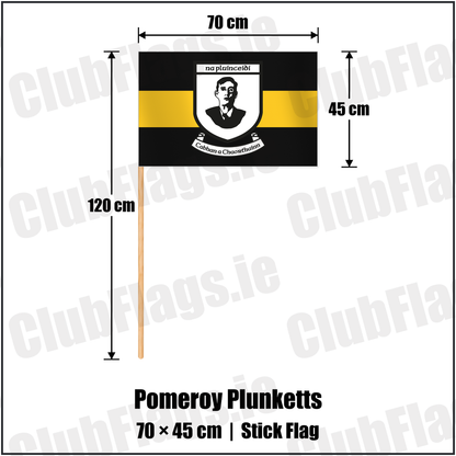 Pomeroy Plunketts 45cm x 70cm Stick Flag with the club crest and colours, Tyrone GAA - ClubFlags.ie