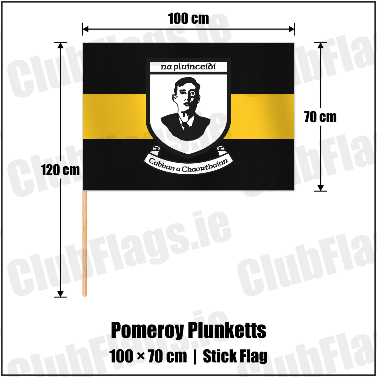 Pomeroy Plunketts 70cm x 100cm Stick Flag with the club crest and colours, Tyrone GAA - ClubFlags.ie