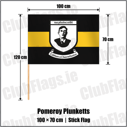 Pomeroy Plunketts 70cm x 100cm Stick Flag with the club crest and colours, Tyrone GAA - ClubFlags.ie