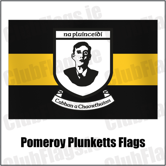 Pomeroy Plunketts Flags with the club crest and colours, Tyrone GAA - ClubFlags.ie