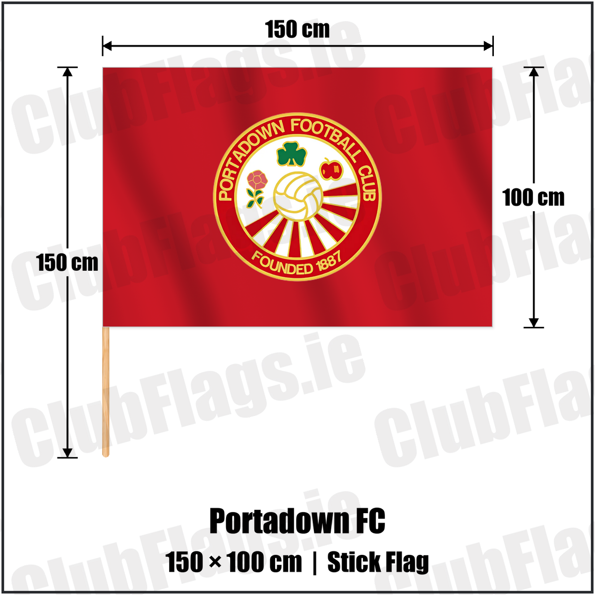 Portadown FC 100cm x 150cm Stick Flag with the club crest and colours, Armagh Football - ClubFlags.ie