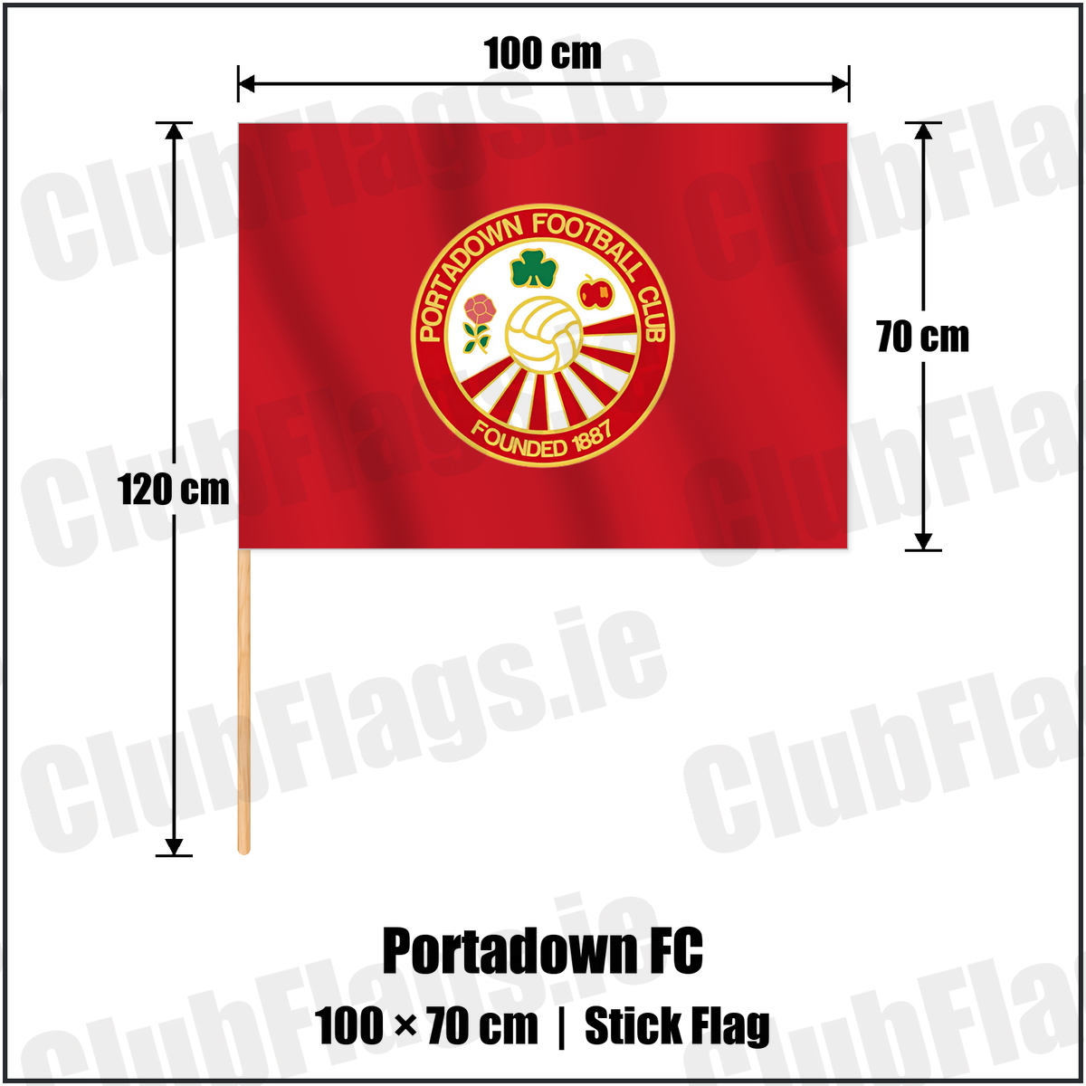Portadown FC 70cm x 100cm Stick Flag with the club crest and colours, Armagh Football - ClubFlags.ie